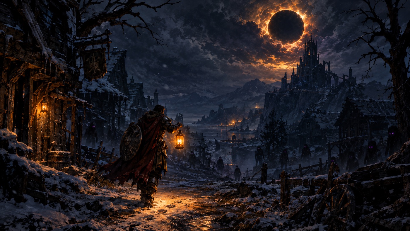 A warden with a lantern on the snow road to the Crown Gate